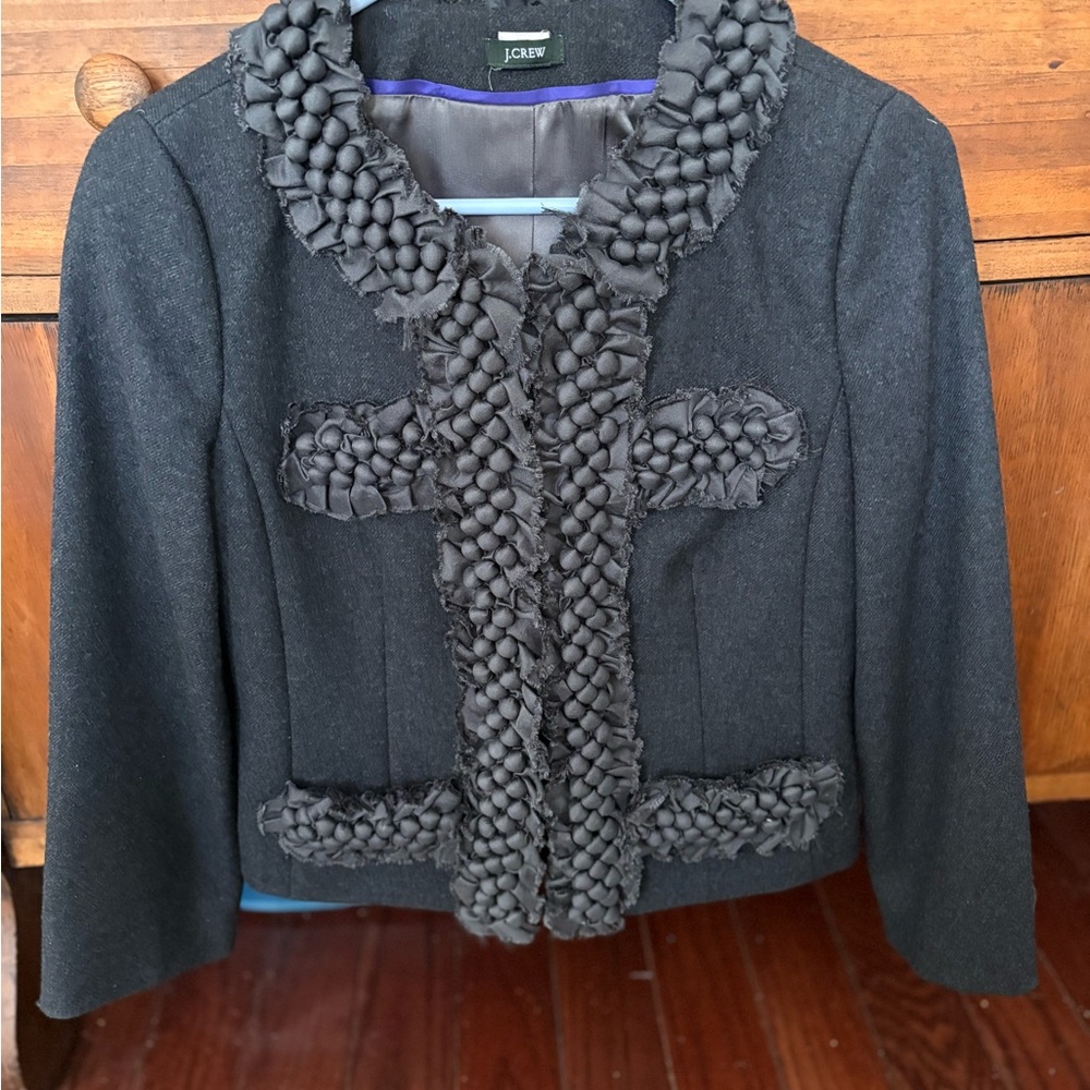 J. Crew Women's Black Blazer with Textured Accents 100%Wool